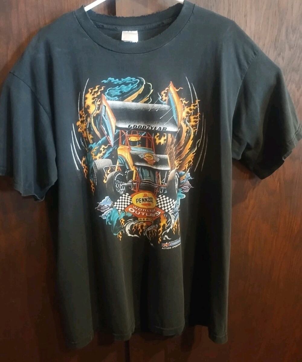 XL Vintage World of Outlaws Sprint Car T Shirt Y2K 2000 Black T-shirt Pennzoil